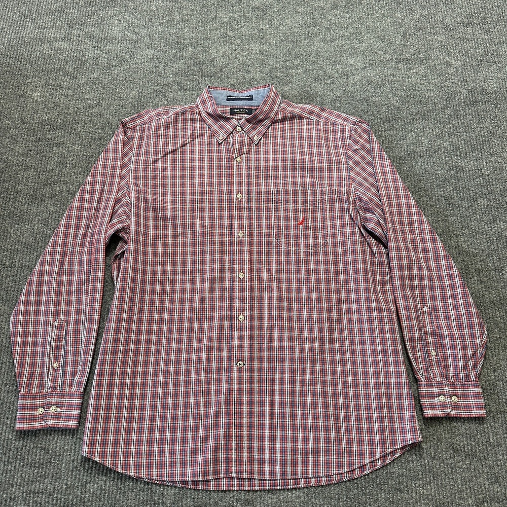 Nautica Mens Button Down‎ Shirt Size XL Red Plaid Classic Fit Cotton Long Sleeve